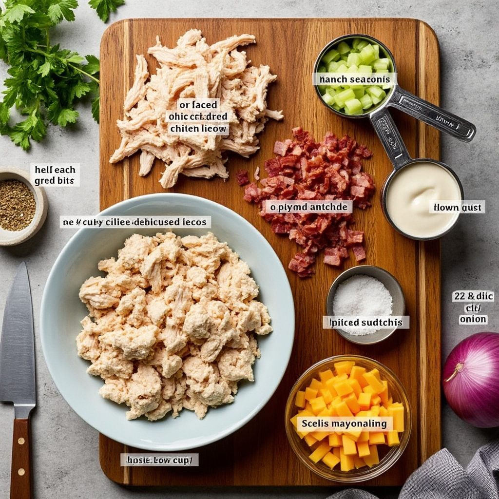 A bowl of shredded chicken, bacon, and fresh veggies ready to be mixed into a creamy salad.