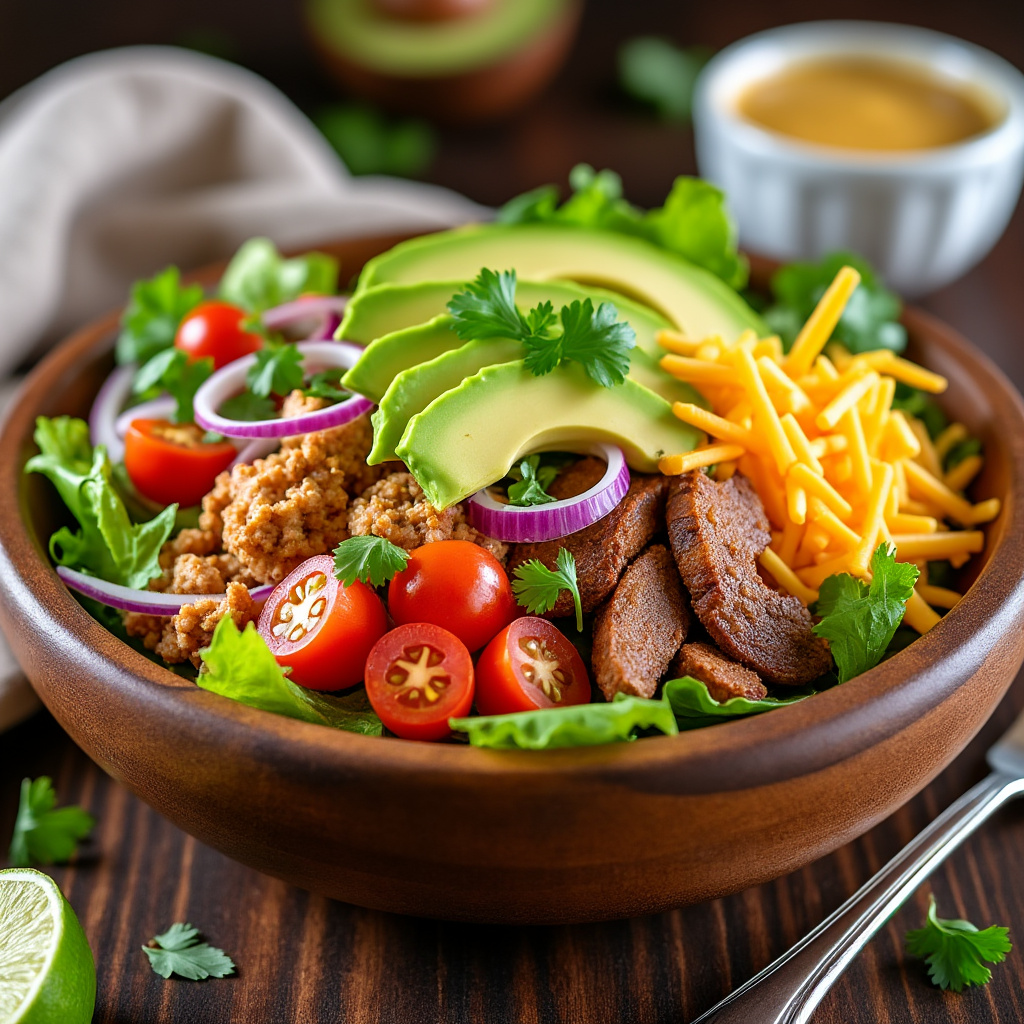 Close-up of a colorful Keto Taco Salad with creamy dressing drizzled on top.