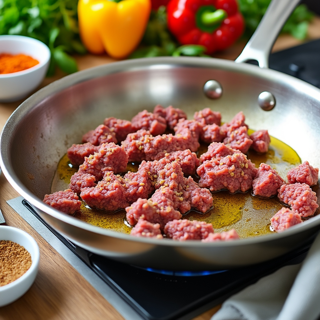 A bowl of seasoned ground beef ready to be added to the salad.