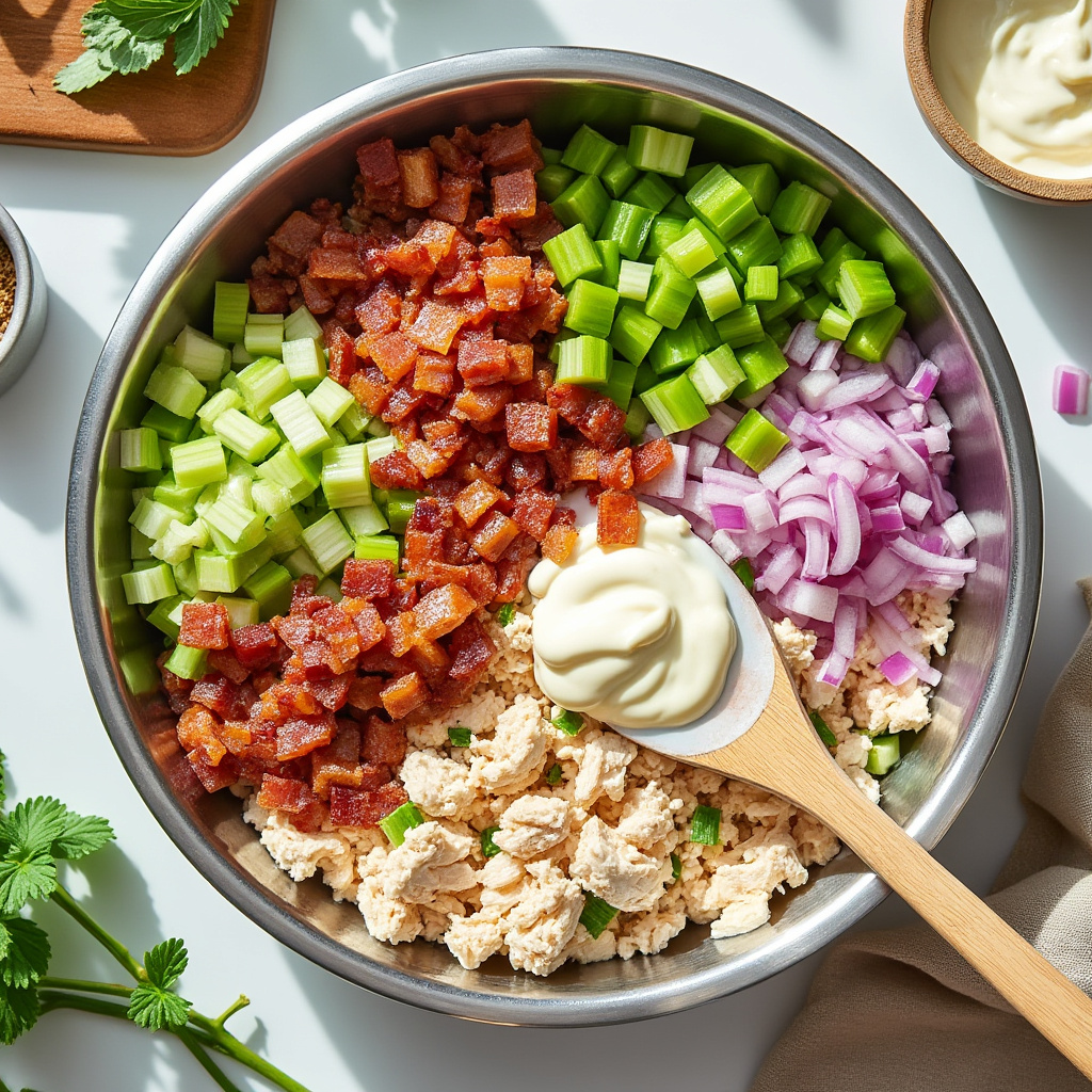 A close-up of a creamy chicken salad with bacon bits and fresh herbs, ready to serve.