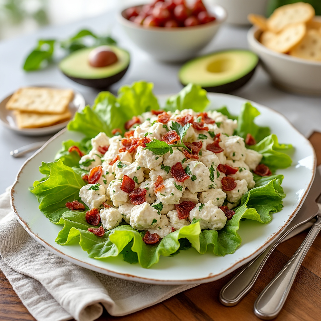 A variety of serving options for chicken salad, including lettuce wraps and crackers.
