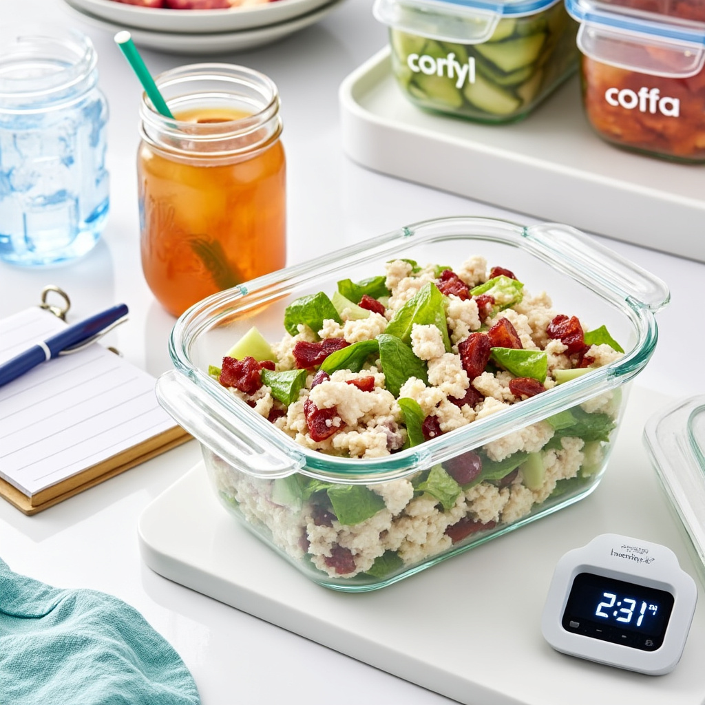 A bowl of chicken salad being placed in the refrigerator to chill.