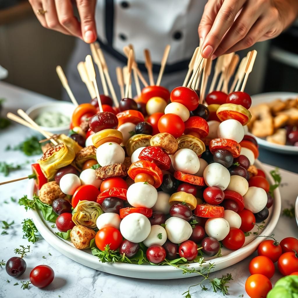 Assembly of Antipasto Skewers on a Platter