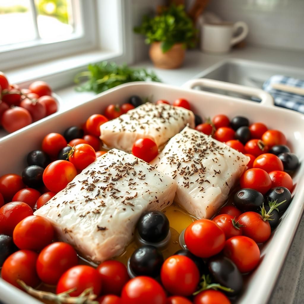 Baked Cod with Olives & Cherry Tomatoes - Final dish