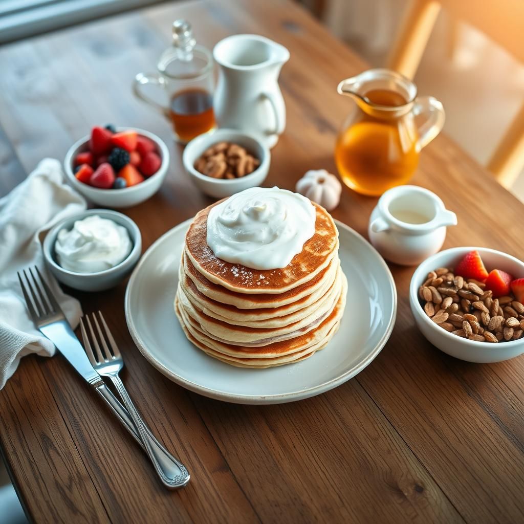 Breakfast Spread Featuring Pancakes - Keto breakfast table with pancakes and other dishes