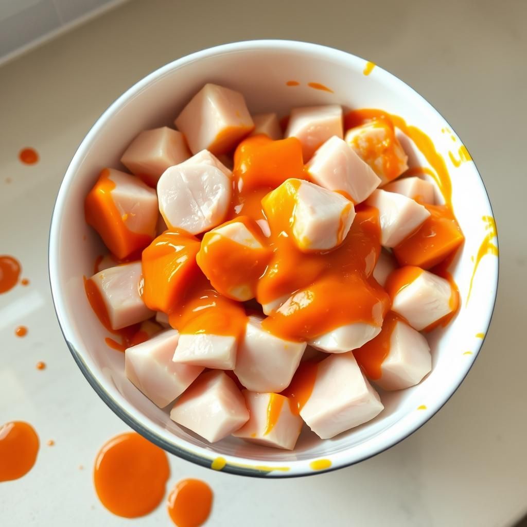 Buffalo Sauce Coating the Chicken