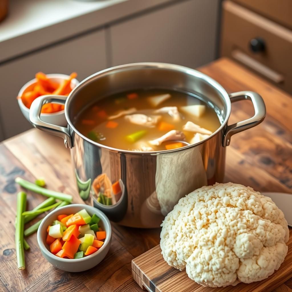 Cauliflower Chicken 'Noodle' Soup Setup