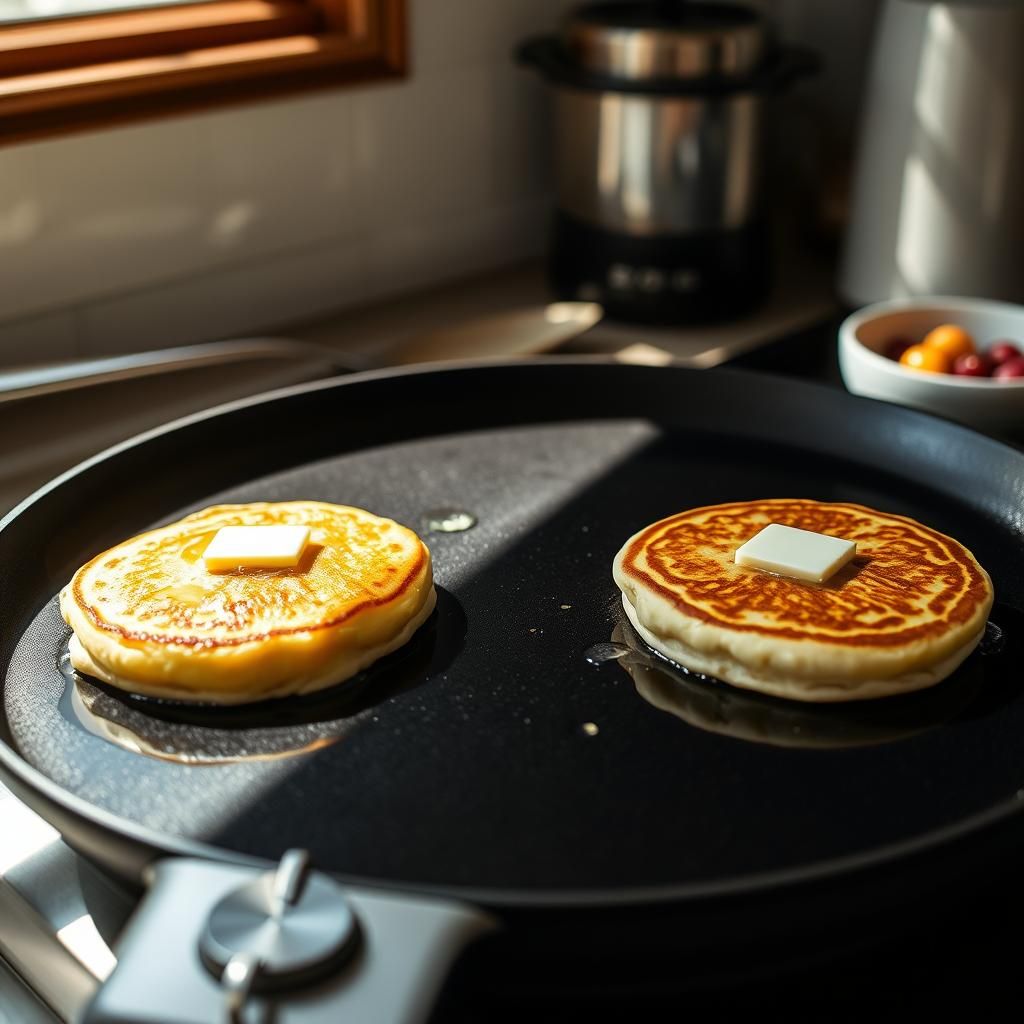 Cooked Pancakes on the Griddle - Pancakes cooking on a hot griddle