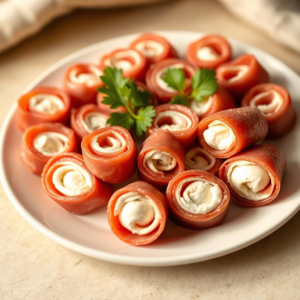 Cream Cheese & Salami Roll-Ups on a Serving Plate