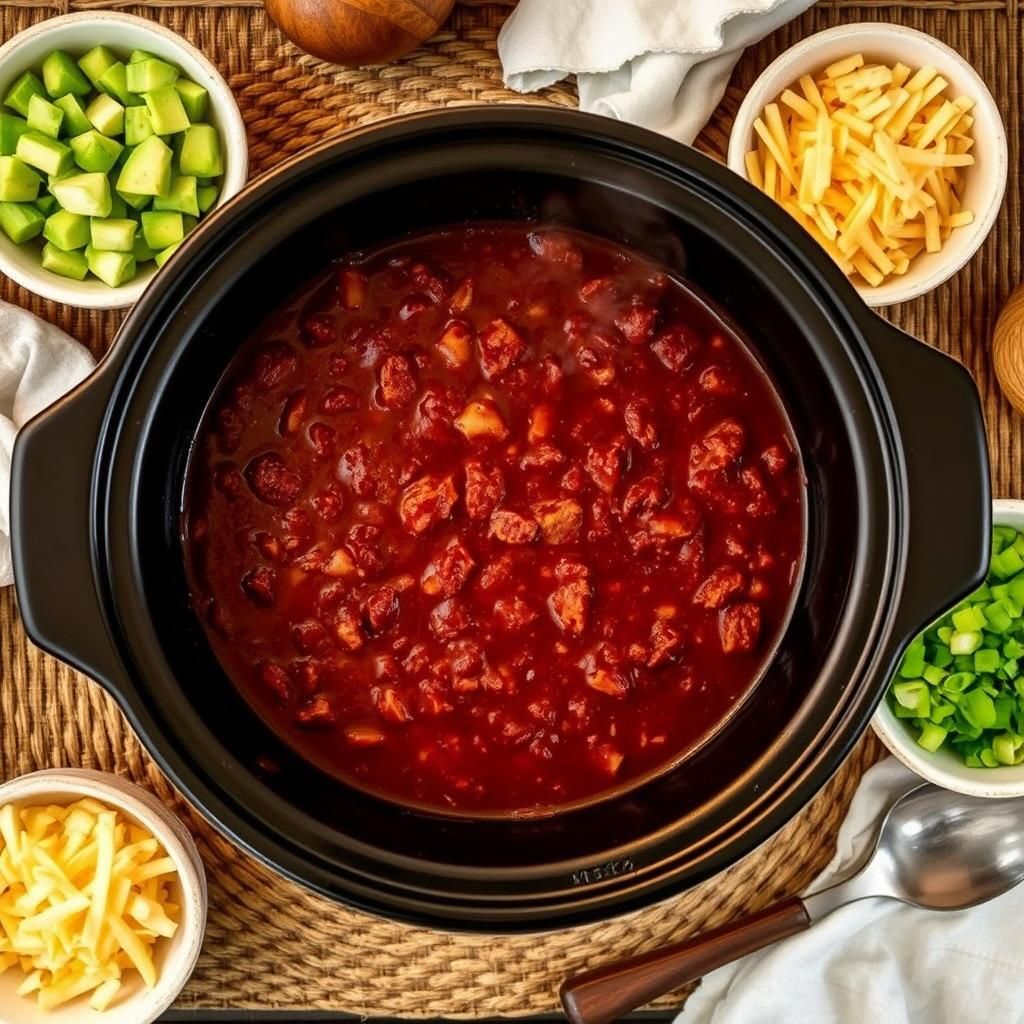 Crock of Chili Ready for Enjoyment