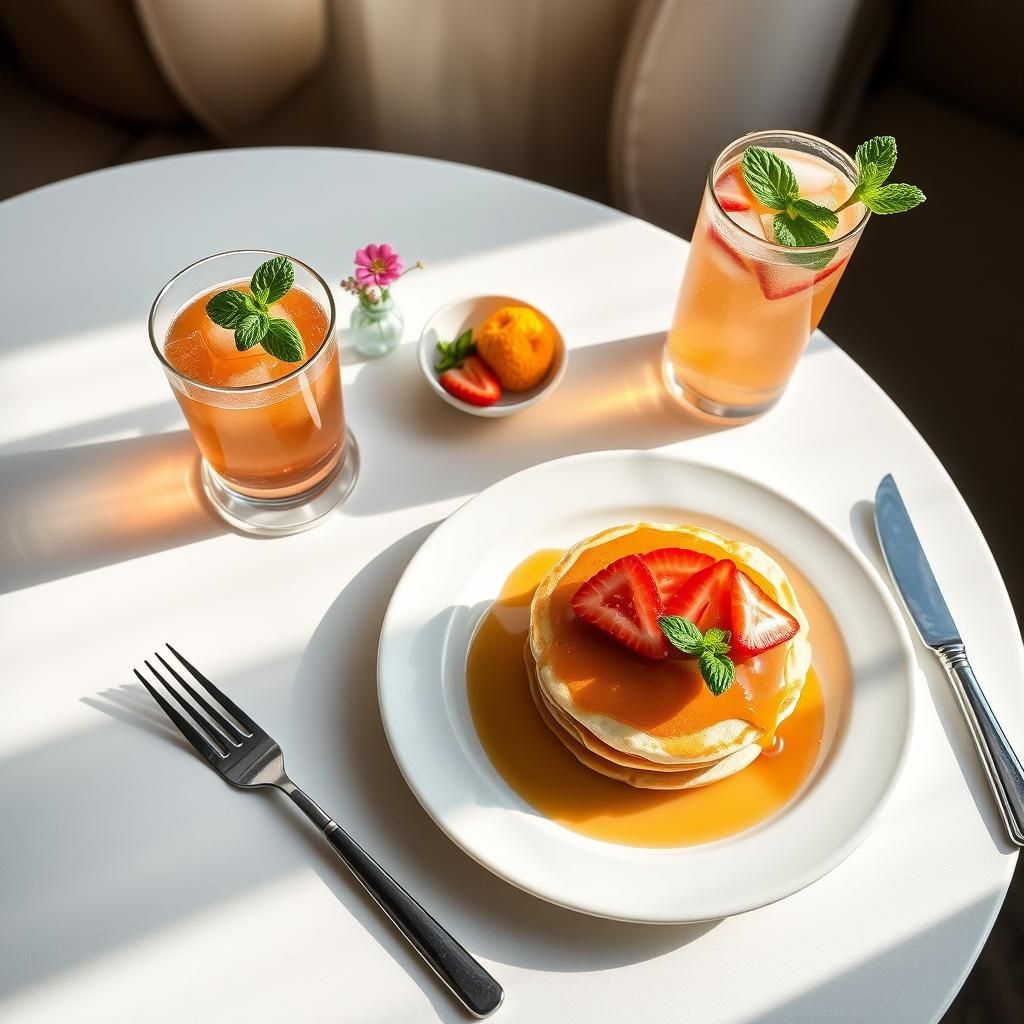 Final Presentation with Drink - Served plate of keto pancakes with a drink