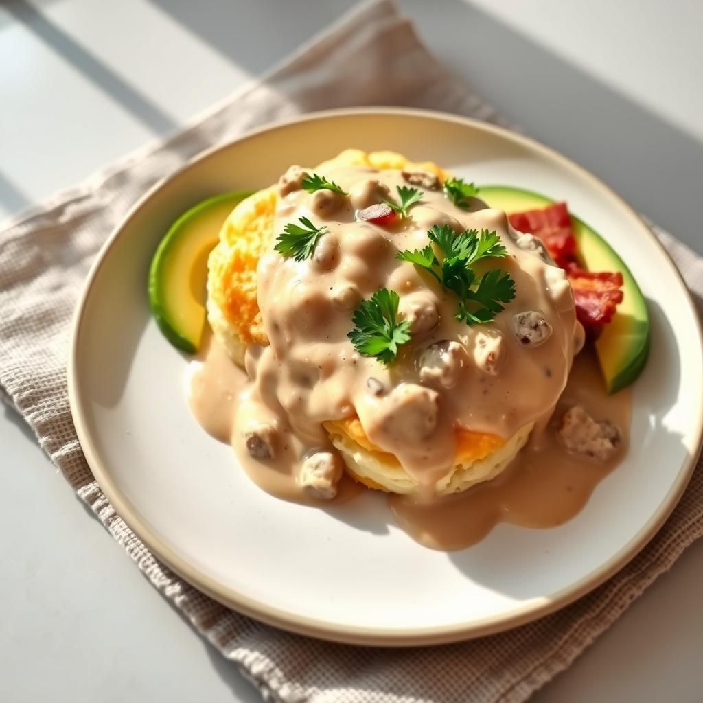 Meal Plated with Gravy and Biscuits