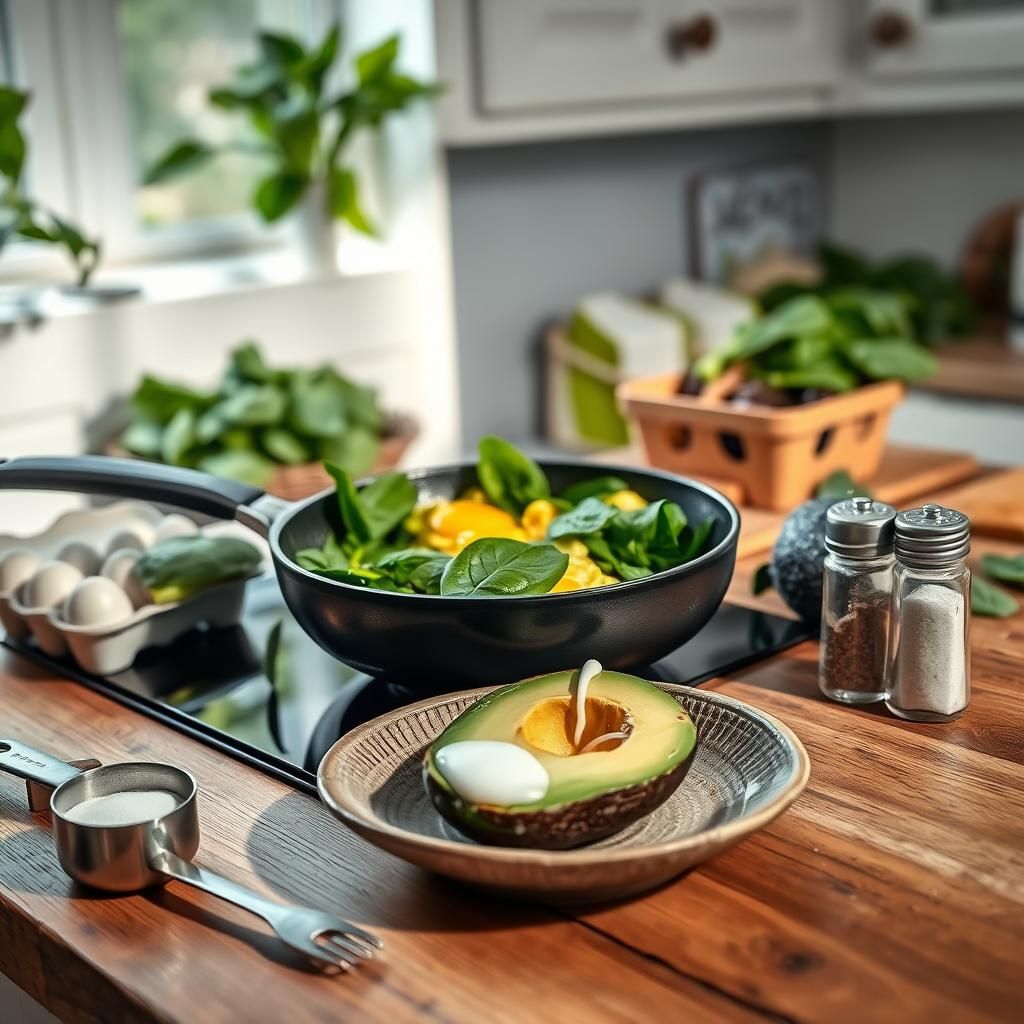 Keto Scrambled Eggs with Avocado and Spinach Preparation