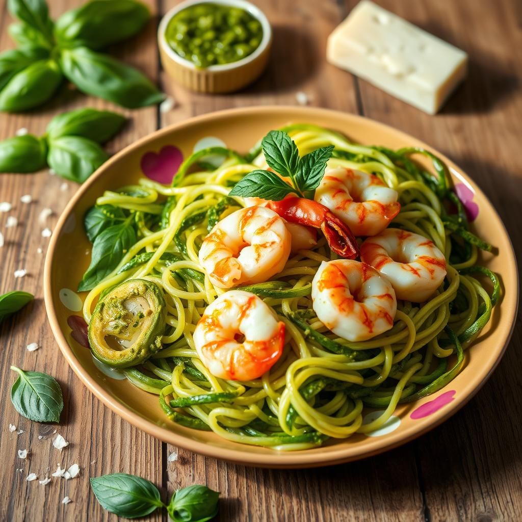 Keto Zucchini Noodles with Pesto and Shrimp Delight