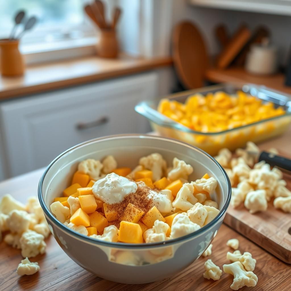 Preparing Cheesy Cauliflower Casserole