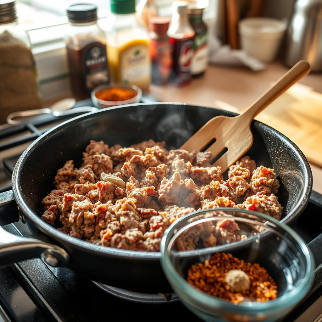 Sizzling Ground Meat in a Skillet