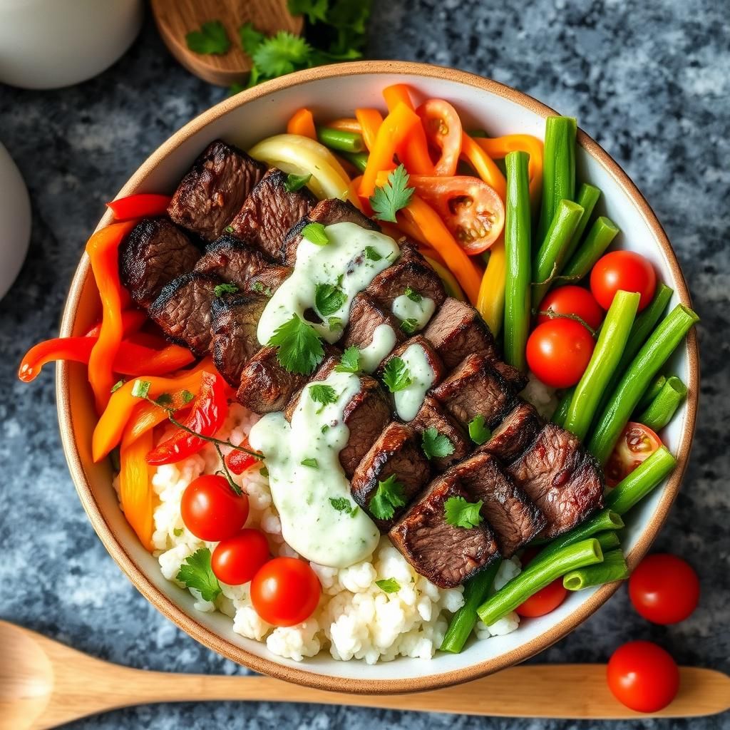Sliced Steak on a Rainbow Bed