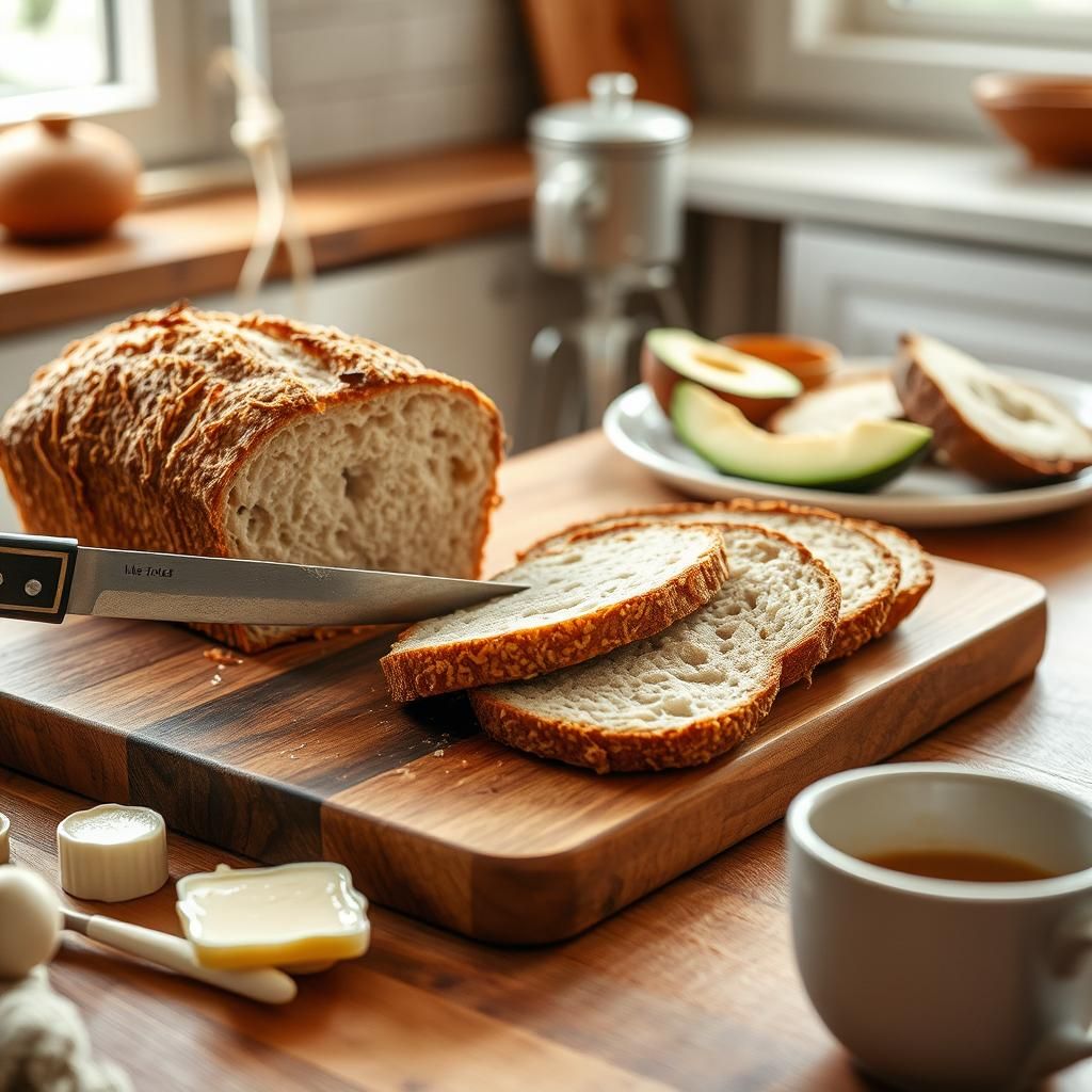 Slicing into a fresh loaf of coconut flour bread