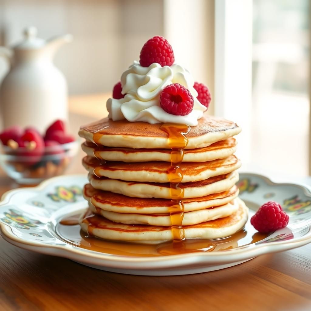 Stacked Pancakes with Toppings - Close-up of stacked keto pancakes with syrup and toppings