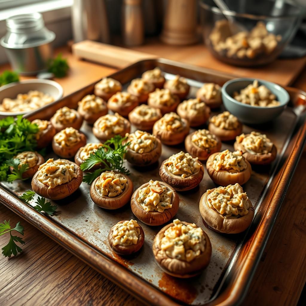 Stuffed Mushrooms on a Baking Sheet