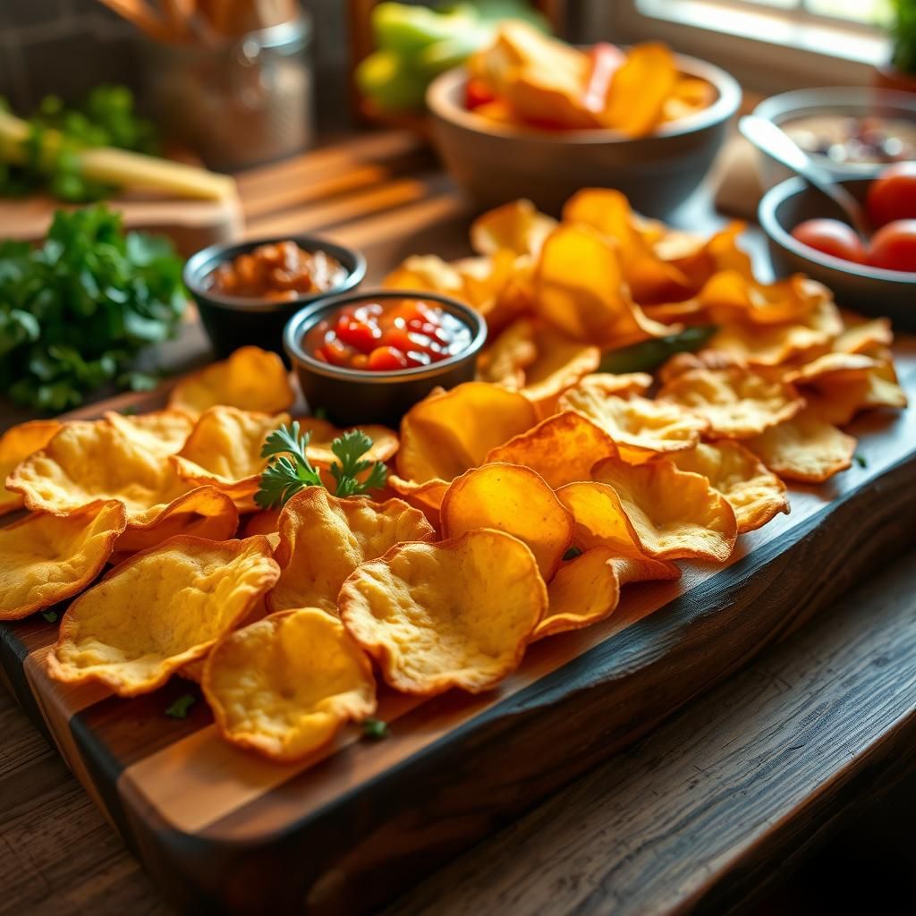 Cheese Crisps on a Wooden Board