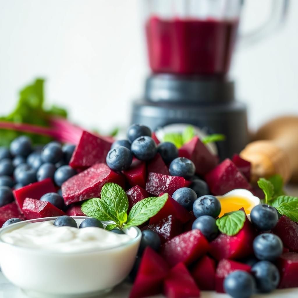 Sweet Beet and Berry Smoothie Ingredients Arrangement