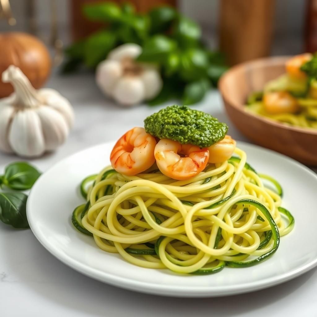 Zucchini Noodles with Pesto and Shrimp